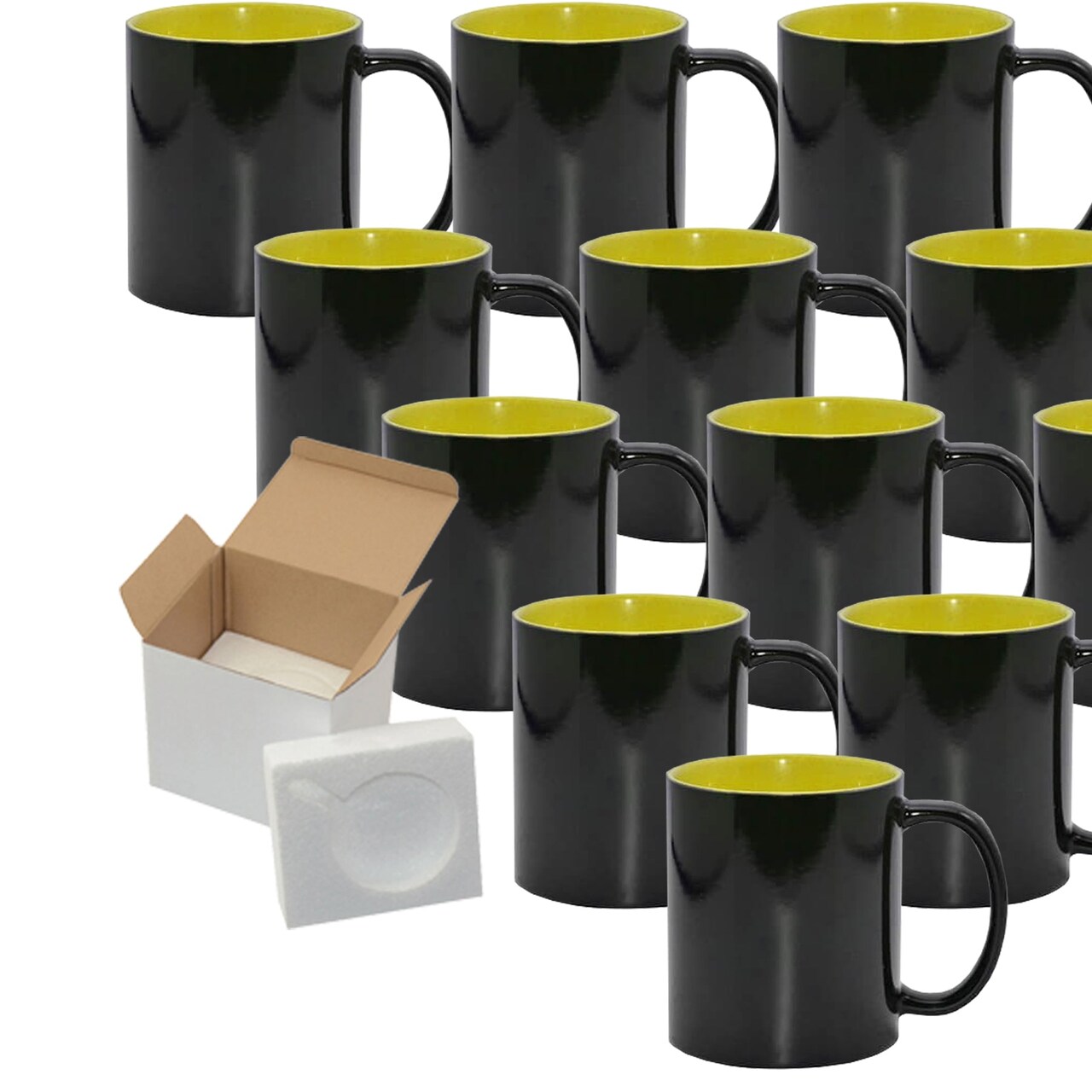 12 Pack 11oz Yellow Inner Magic Color Charging Sublimation Mugs - Cardboard Box with Foam Supports